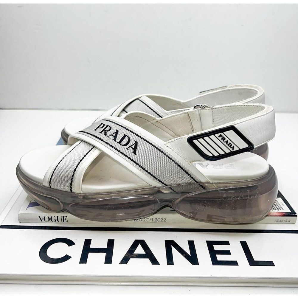 PRADA Cloudburst White Strappy 'Prada' Logo Platform Sandals Size EU37.5 - Picture 10 of 15